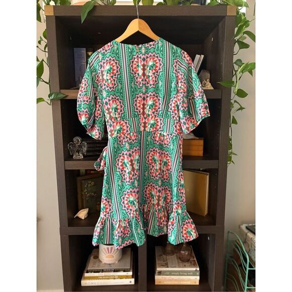 Emily Mccarthy Lola Green & Pink Mini Wrap Dress Size Medium $278 MSRP - Picture 4 of 7